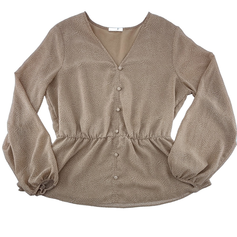 Pleione Blouse XS Tan Polka Dot Button Front Peplum Long Sleeve Top